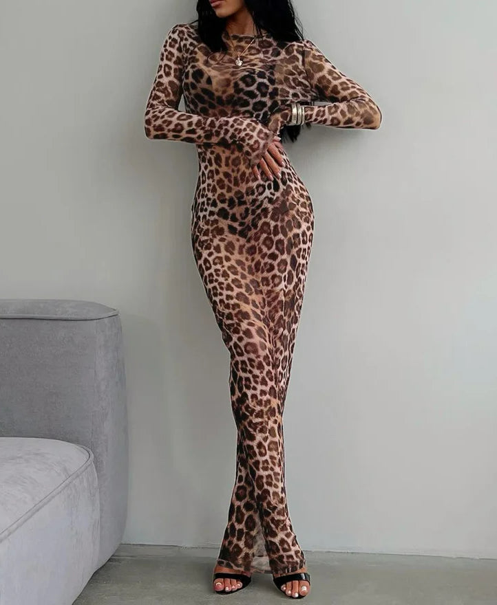 Print Mock Neck Long Sleeve Bodycon Maxi Dress
