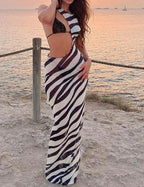 Zebra Print One Shoulder Side Cut Out Mesh Bodycon Maxi Dress