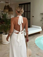 Sexy V-neck Backless Waist Tie High Slit Maxi Dress