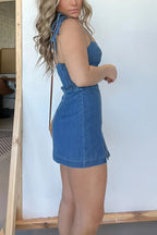 Denim Spaghetti Strap Corset Bodice High Split Bodycon Mini Dress