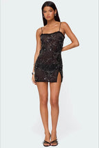 Lettuce Edge Neck Beaded Floral Sequin Side Slit Bodycon Mini Dress