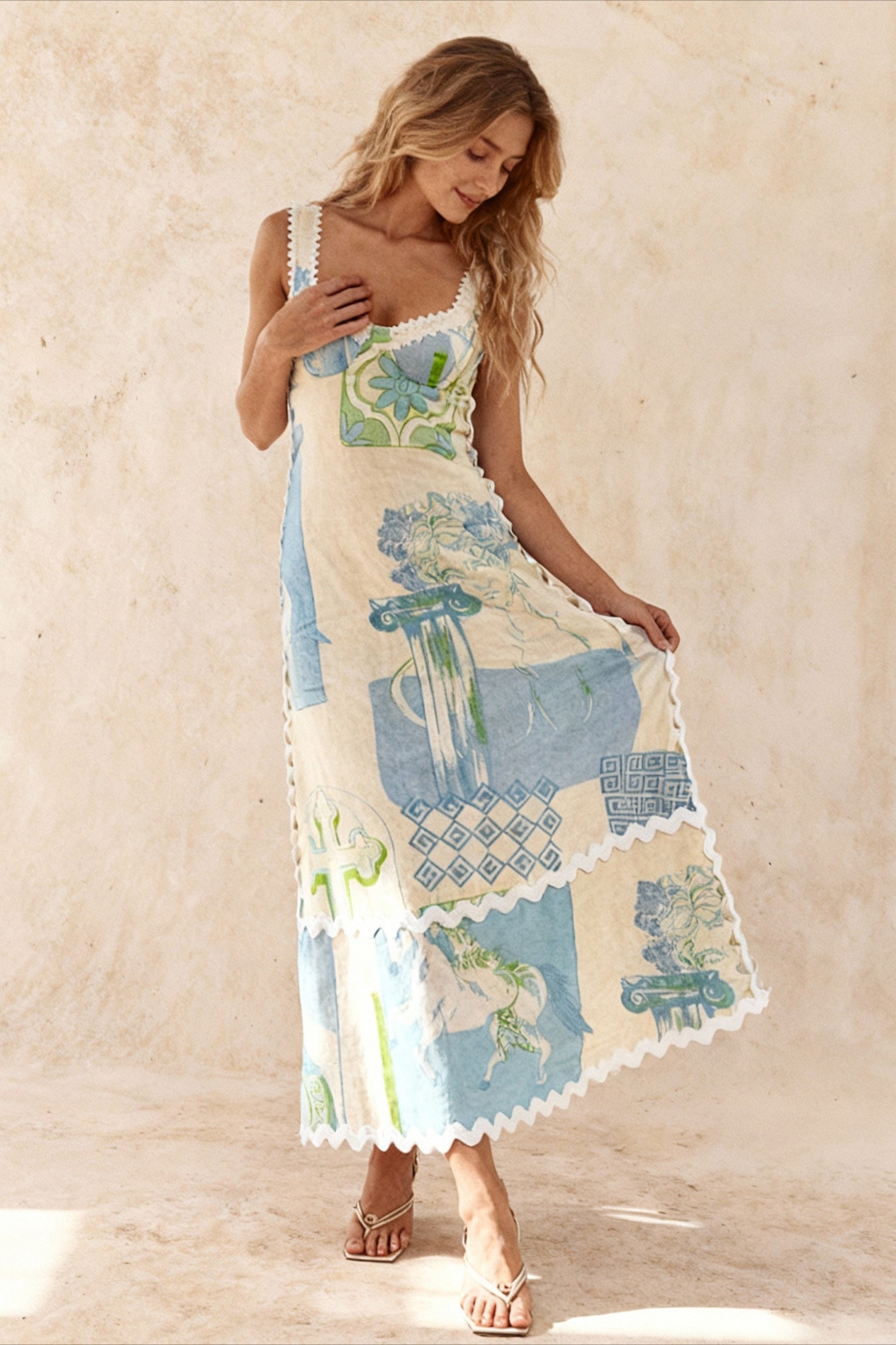 Tile Print Wide Strap Scallop Trim Backless Tie Bow Maxi Dress