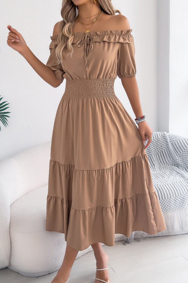 Stylish Off-shoulder Short-sleeved Pleated Waist Casual Midi Dress