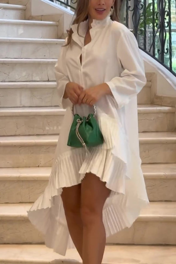 Stand Collar Pleated Ruffle High-Low Oversized Shirt Dress