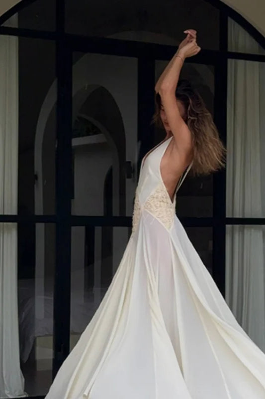 White Backless V-Neck Dress