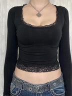 Lace Trim Splice Square Neck Crop Long Sleeve Tee