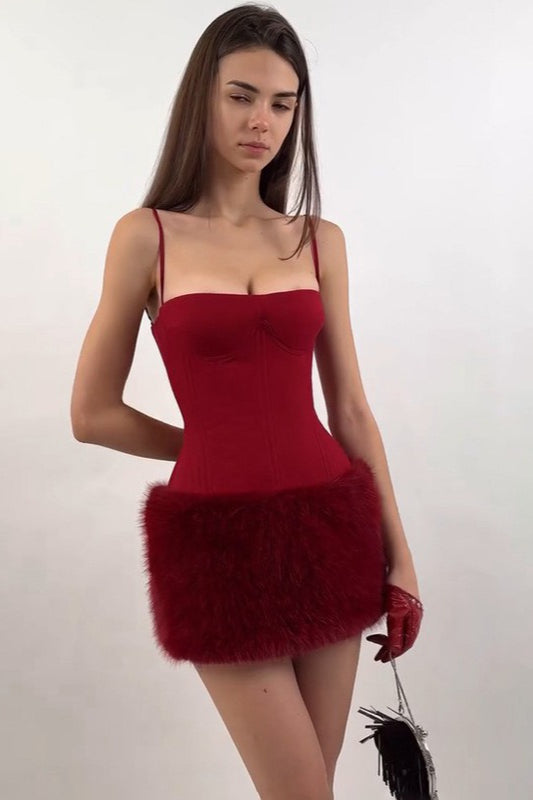 Spaghetti Strap Corset Bustier Faux Fur Trim Bodycon Mini Dress