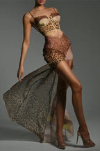 Chiffon Leopard Print Sexy Lace Splicing High Slit Slim Maxi Dress