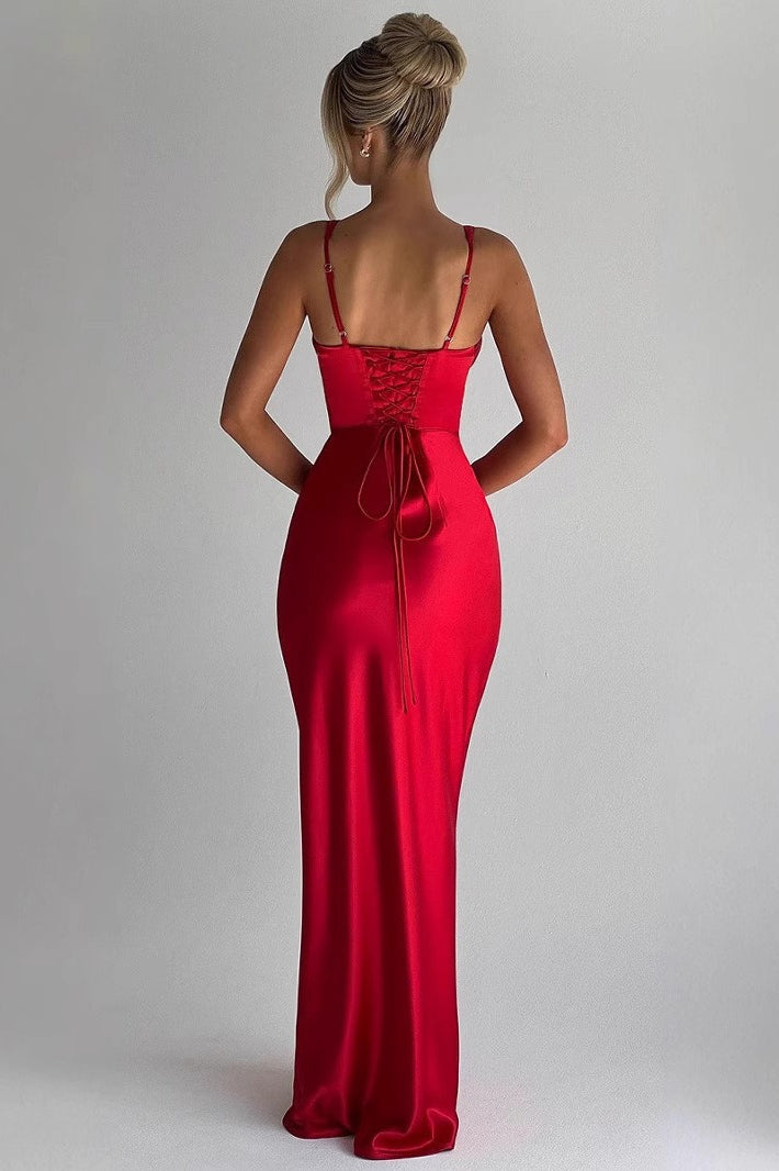 Plunging V-Neck Ruched Bust Corset Boned Wide Strap Satin Bodycon Maxi Dress