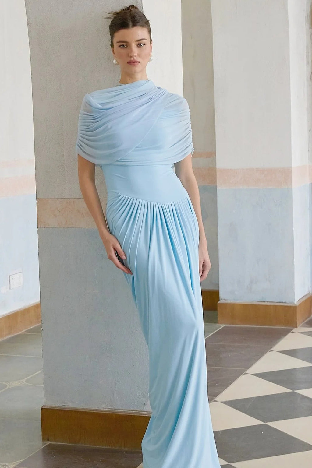 Mock Neck Cap Sleeve Diagonal Ruched Pleated Drape Column Maxi Dress