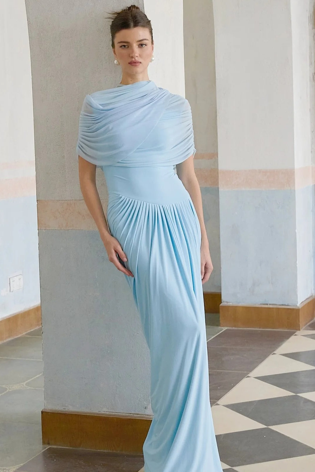 Mock Neck Cap Sleeve Diagonal Ruched Pleated Drape Column Maxi Dress