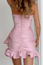 Strapless Ruched Asymmetric Ruffle Hem Bodycon Mini Dress