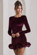 Velvet Pleated Hem Long Sleeve Party Dress