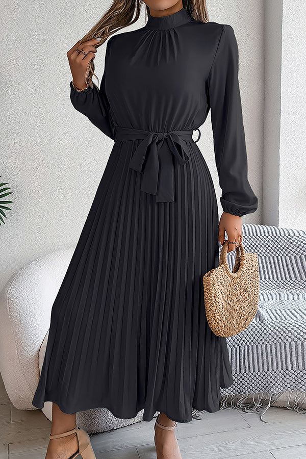 Mock Neck Lantern Sleeve Belted Pleated A-Line Midi Dress