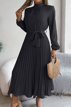 Mock Neck Lantern Sleeve Belted Pleated A-Line Midi Dress