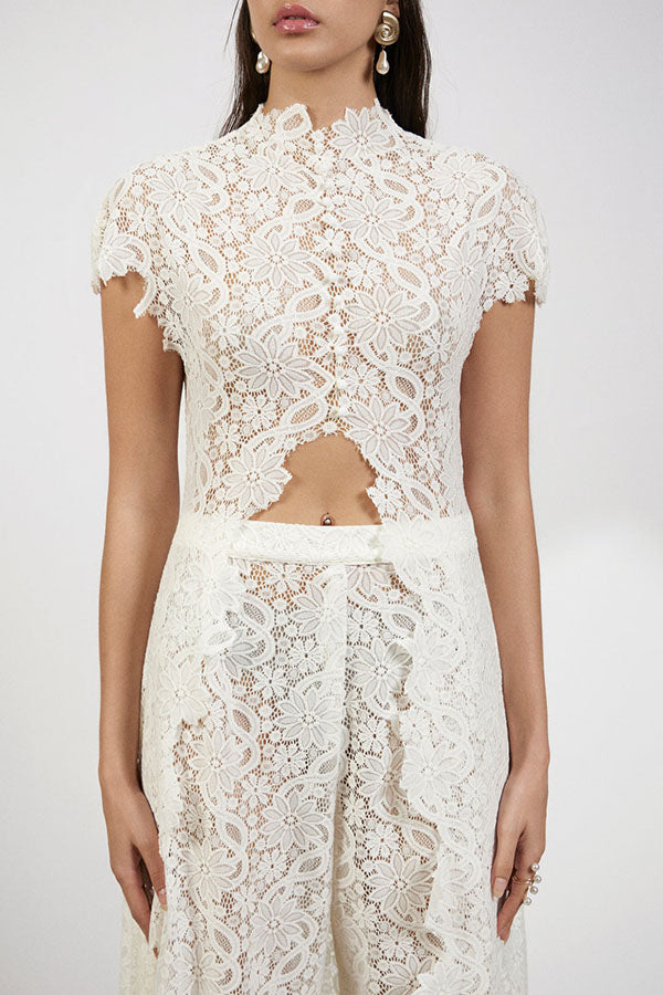 Elegance Avant-garde Floral Lace Short Sleeve High Low Top and High Rise Wide Leg Pants Set