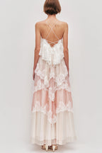 Caroline Gradient Layered Lace Trim Tiers Adjustable Straps Backless A-line Maxi Dress