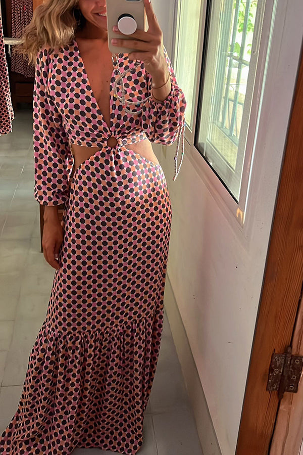 Geometric Print Deep V-Neck Balloon Sleeve O-Ring Waist Cut Out Maxi Dress