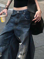 Retro Distressed Dirty Dyed Wide Legs Boyfriend Jeans