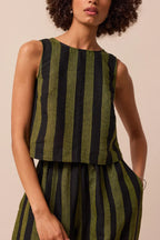 Striped Printed Crew Neck Sleeveless Top and Elastic Waist Wide-leg Pants Set
