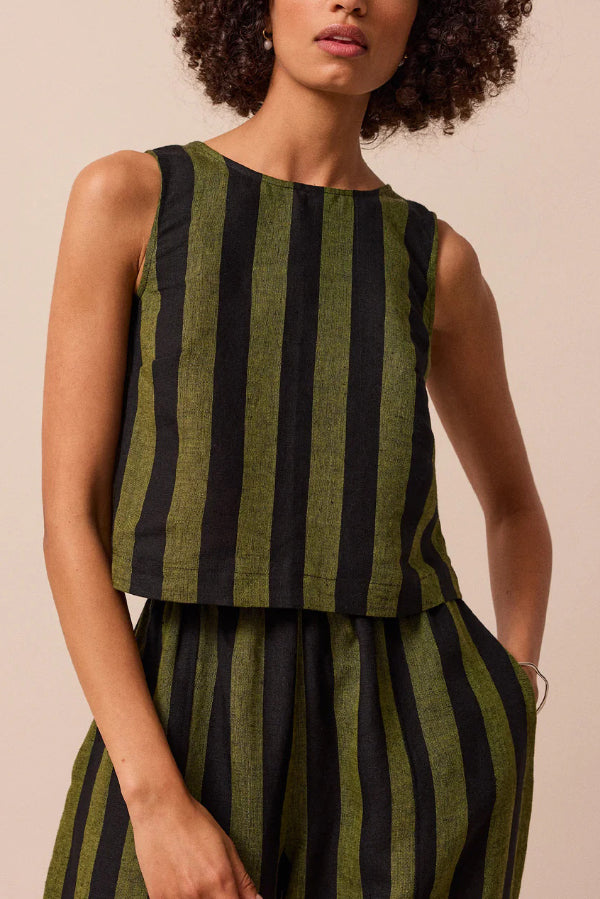Striped Printed Crew Neck Sleeveless Top and Elastic Waist Wide-leg Pants Set