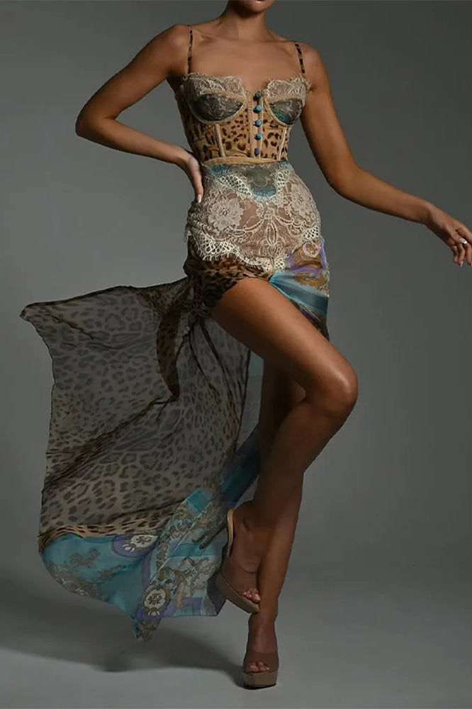 Print Lace Corset High Split Baroque Panel Maxi Dress