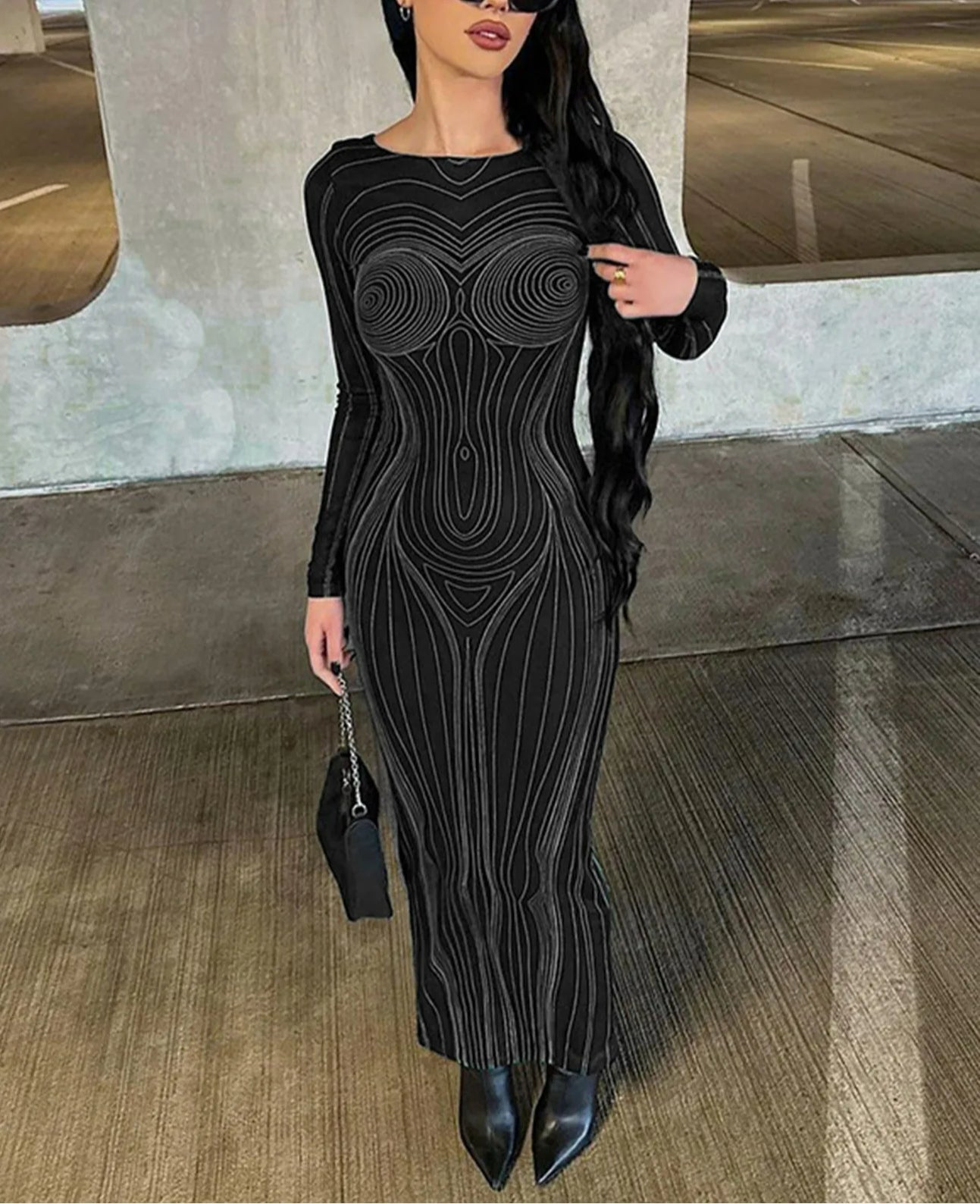 Graphic Contour Print Long Sleeve Crew Neck Bodycon Maxi Dress