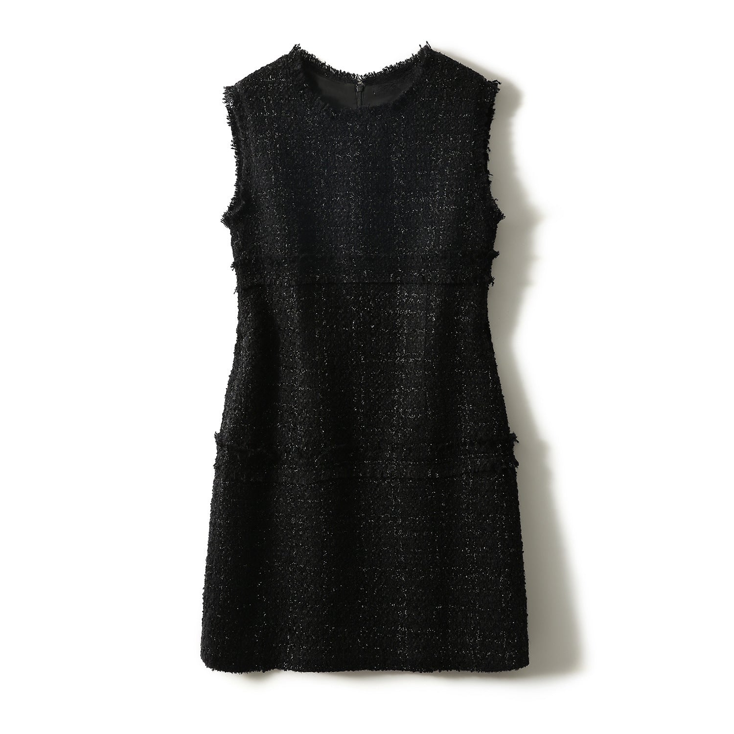 Sequin Tweed Boucle Frayed Edge Crew Neck Sleeveless Shift Mini Dress