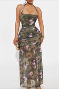 Green Halter Neck Ruched Mesh Floral Print Bodycon Maxi Dress