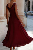 Solid Color Swing Collar Sleeveless Elegant Fitted Waist Full Hem Midi Dress