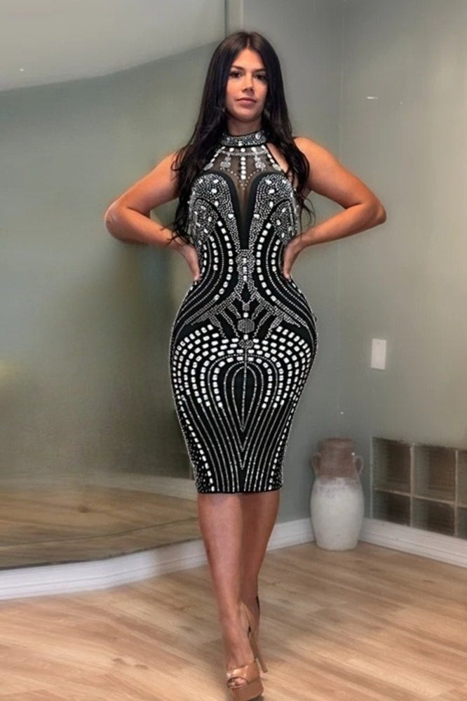 Rhinestone Mesh High Neck Sheer Panel Bodycon Midi Cocktail Dress