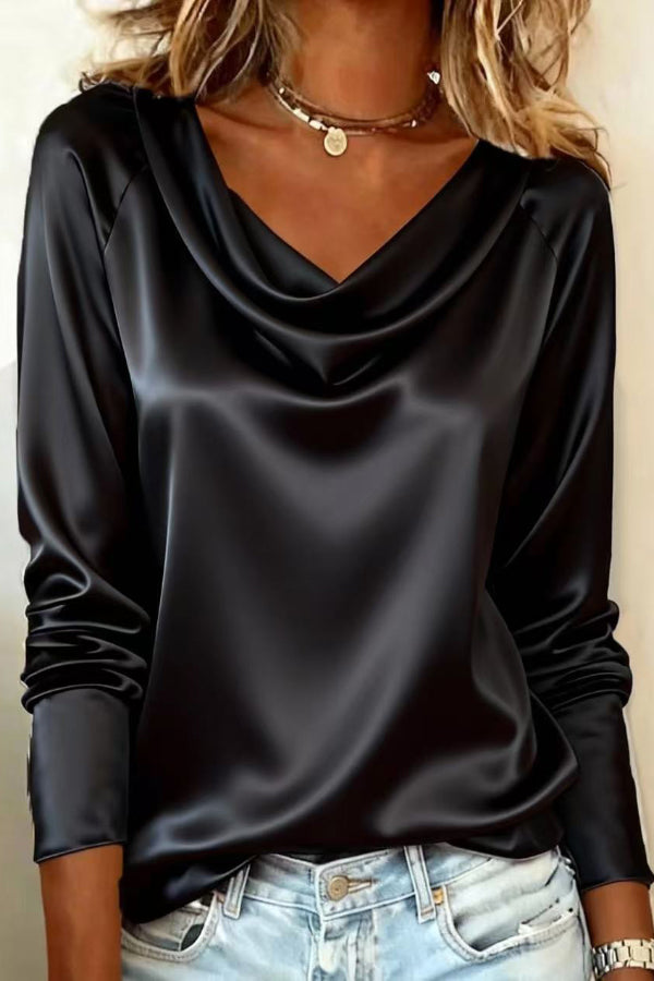 Solid Color Satin Casual Long-sleeved Draped Shirt