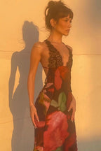 Floral Print Lace Trim Spaghetti Strap Deep V-Neck Bodycon Maxi Dress