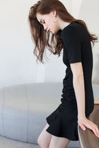 Short Sleeve Round Neck Side Ruched Drawstring Flounce Hem Mini Dress