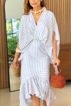 Tierra Striped V-neck Batwing Sleeve Loose Shirt and High Waist Irregular Fishtail Hem Midi Skirt Set