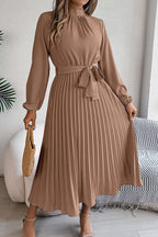 Mock Neck Lantern Sleeve Belted Pleated A-Line Midi Dress
