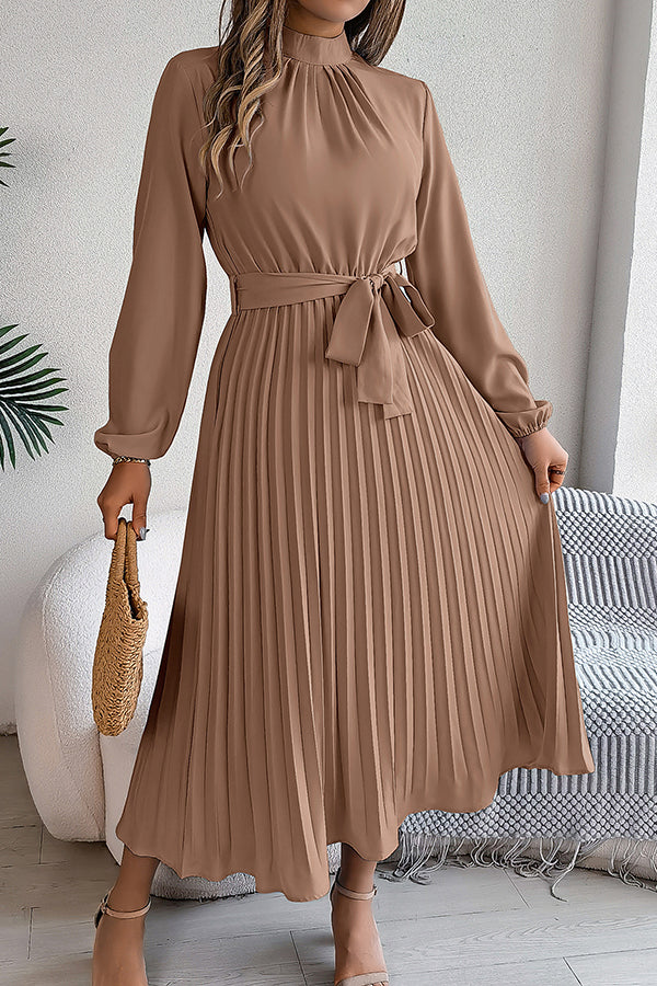 Mock Neck Lantern Sleeve Belted Pleated A-Line Midi Dress
