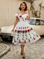 Rose Embroidered Vintage Midi Swing Dress for Women - 1950s Off Shoulder Style A-Line - Summer Tea Party 2026
