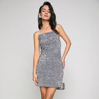Square Neck Pearl Strap Sequin Bodycon Mini Dress