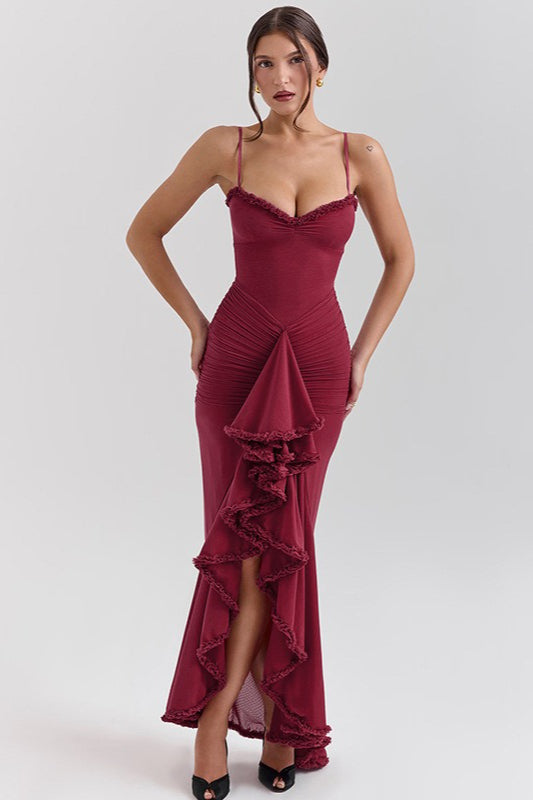 Chiffon Ruched Sweetheart Spaghetti Strap Ruffle Trim High Slit Maxi Dress
