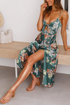 Floral Print Tie Front Sweetheart Cutout Midriff Slit Satin Maxi Dress