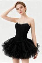 Strapless Sweetheart Corset Beaded Trim Tiered Tulle Ruffle Mini Graduation Mini Dress