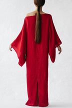 Stacie Linen Blend Wide Neck Batwing Sleeves Tie-up Waist H-line Maxi Dress