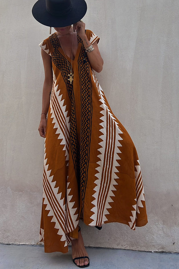 Ethnic Geometric Print Cap Sleeve Deep V-Neck A-Line Maxi Dress