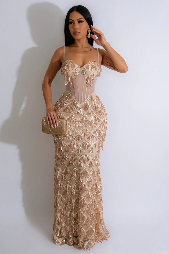 Sequin Diamond Quilt Tassel Fringe Sweetheart Corset Mesh Maxi Gown