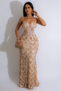 Sequin Diamond Quilt Tassel Fringe Sweetheart Corset Mesh Maxi Gown