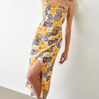 Tie Shoulder Floral Bustier Sweetheart Side Slit Midi Dress