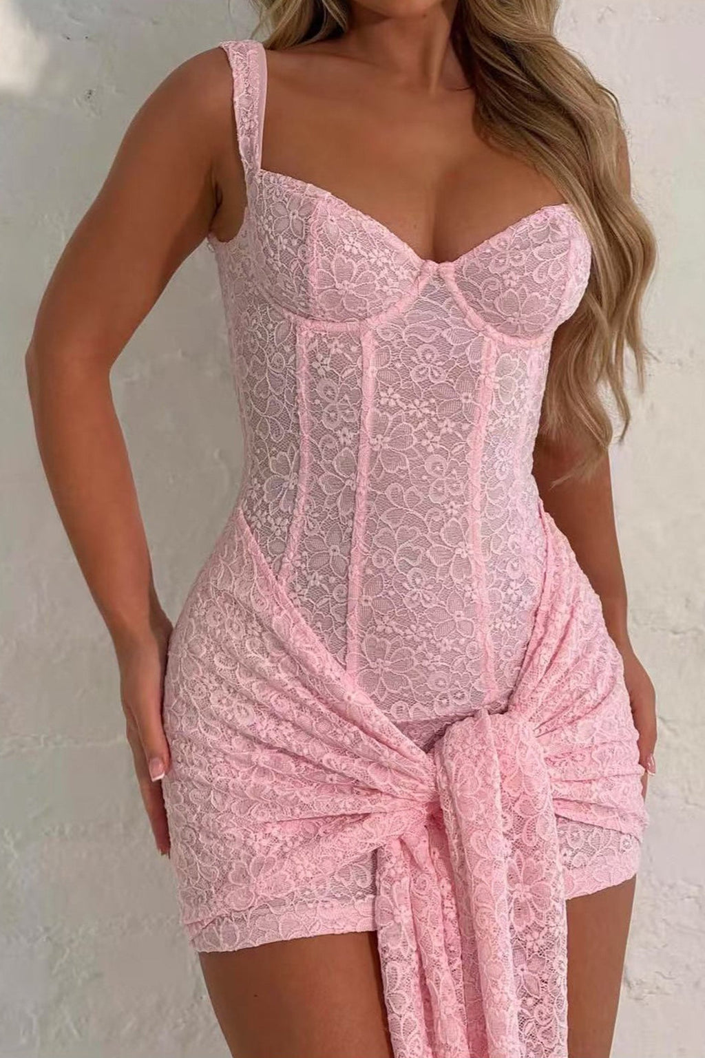 Lace Corset Sweetheart Wide Strap Waist Tie Wrap Mini Dress