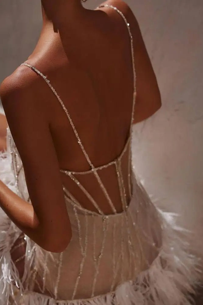 Beaded Sequin Spaghetti Strap Feather Trim Fringe Mini Cocktail Dress