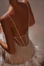 Beaded Sequin Spaghetti Strap Feather Trim Fringe Mini Cocktail Dress